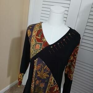 Parsley & Sage Large Piecework Boho Swing dress Black VTG floral 3/4 sleeve